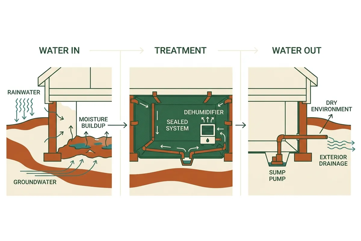 Diagram of crawl space encapsulation layers: drainage, vapor barrier, sealed vents, dehumidifier