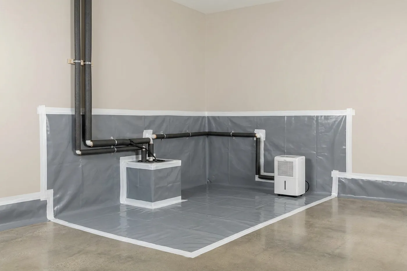 Sealed and encapsulated crawl space with white liner and dehumidifier in a Richmond home